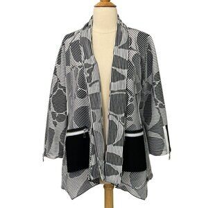 IC by Connie K Open Front Jacket Topper Black White Ribbed Pockets Artsy Size M